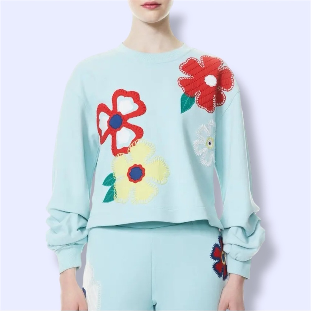 Alice + Olivia Gaia Embroidered Blouson Sleeve Sweatshirt - Blue
